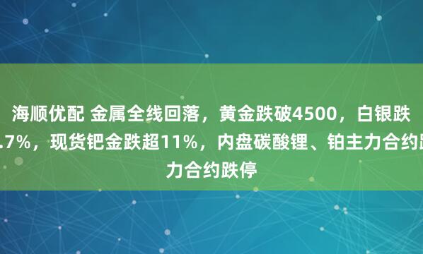 海顺优配 金属全线回落，黄金跌破4500，白银跌超3.7%，现货钯金跌超11%，内盘碳酸锂、铂主力合约跌停